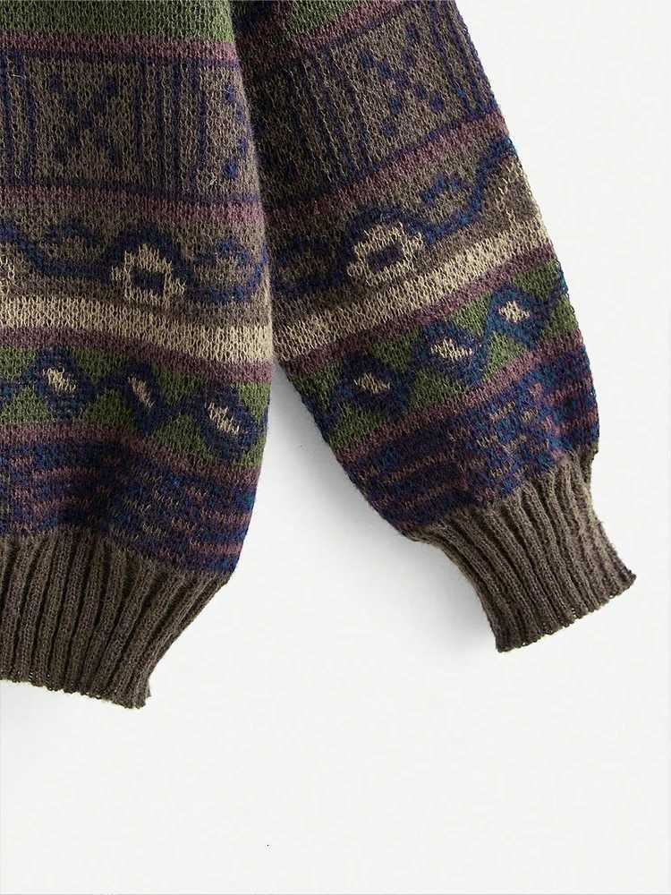 2024 Autumn and Winter New Retro Round Neck Simple School Geometric Pattern Knitted Sweater Off ShoulderT251025