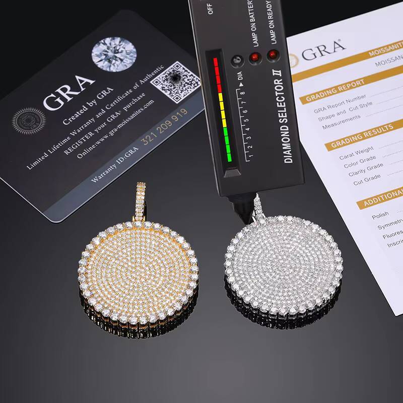 100 Pass Diamond Tester Cheap Iced Out Chain and Pendant Custom Hip Hop Silver Moissanite Diamond Cluster Disc Necklace