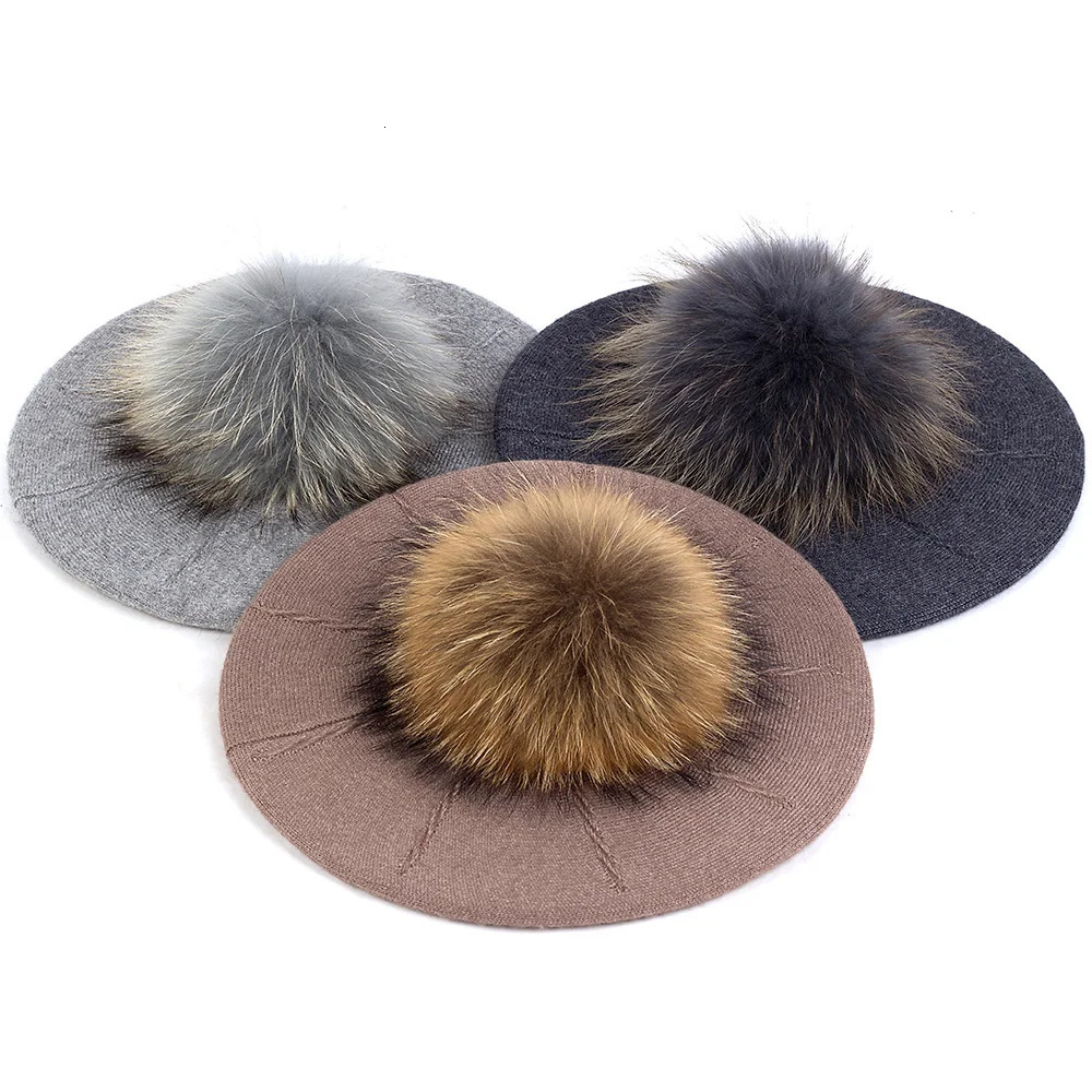 Geebro Female Winter Berets with 15 cm Real Ball Pom Hat For Women Girls Knitted Cap Thick WomenS Slouchy Skullies Beanies 251023