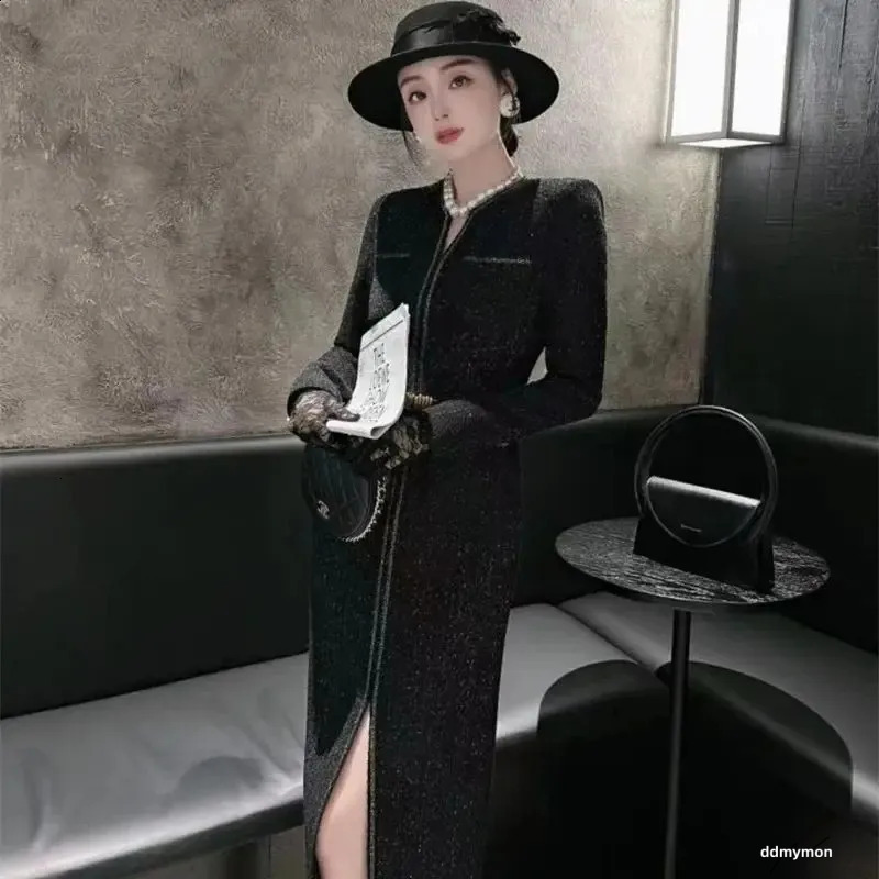 Tweed Dresses Women, Elegant Midi With Bright Silk Accents, Long Sleeves, Slim Fit Party Dress For Celebrations Ddmymon