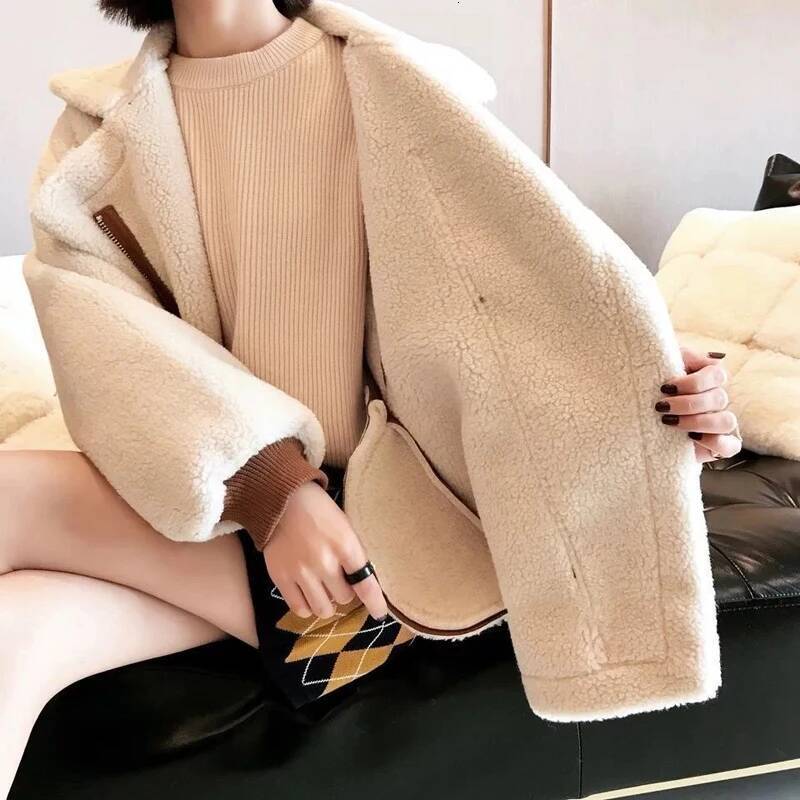 FSMG Women Thick Plush Warm Coat Lamb Wool Sheepskin Faux Suede Zipper Jacket Loose Fur One Piece Winter Fashion Khaki Outerwear dongdumaoyi