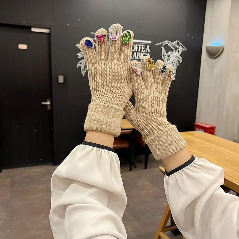 Women Gloves Cute Autumn Winter Ins Style Rhinestone Split Finger Knitted Gloves Korean Fashion Y2K 251023