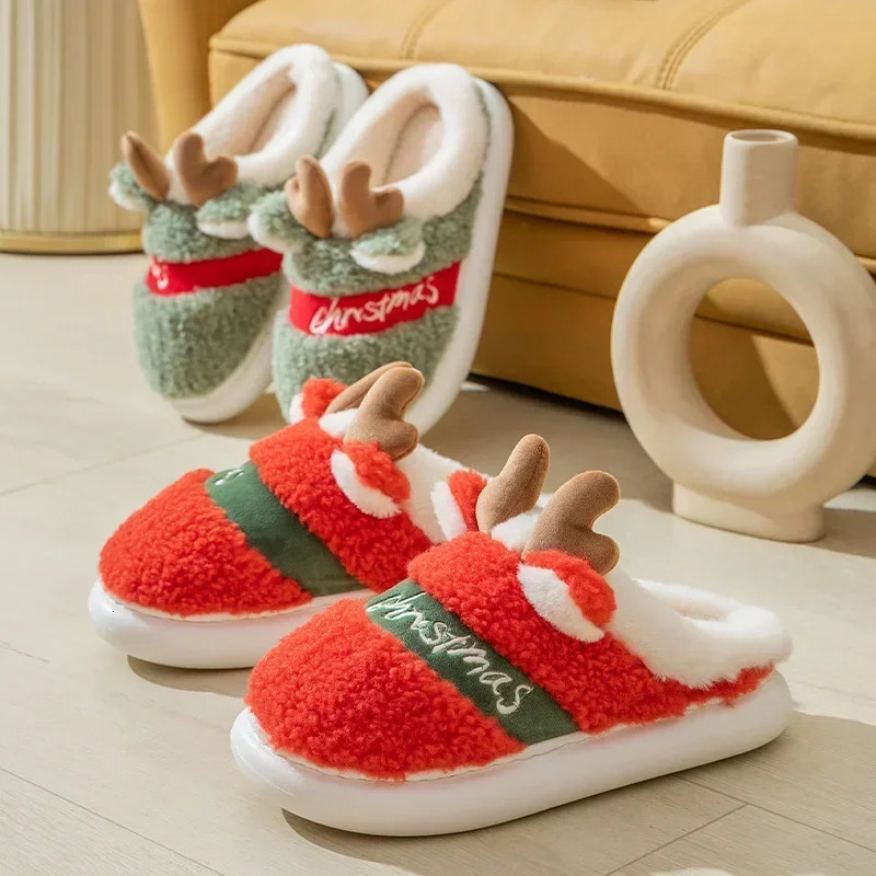 Thick Sole Christmas Deer Slippers Women Indoor Warm Slippers Men Soft Plush Home Floor Shoes Winter Platform Shoes Gifts 2024251020