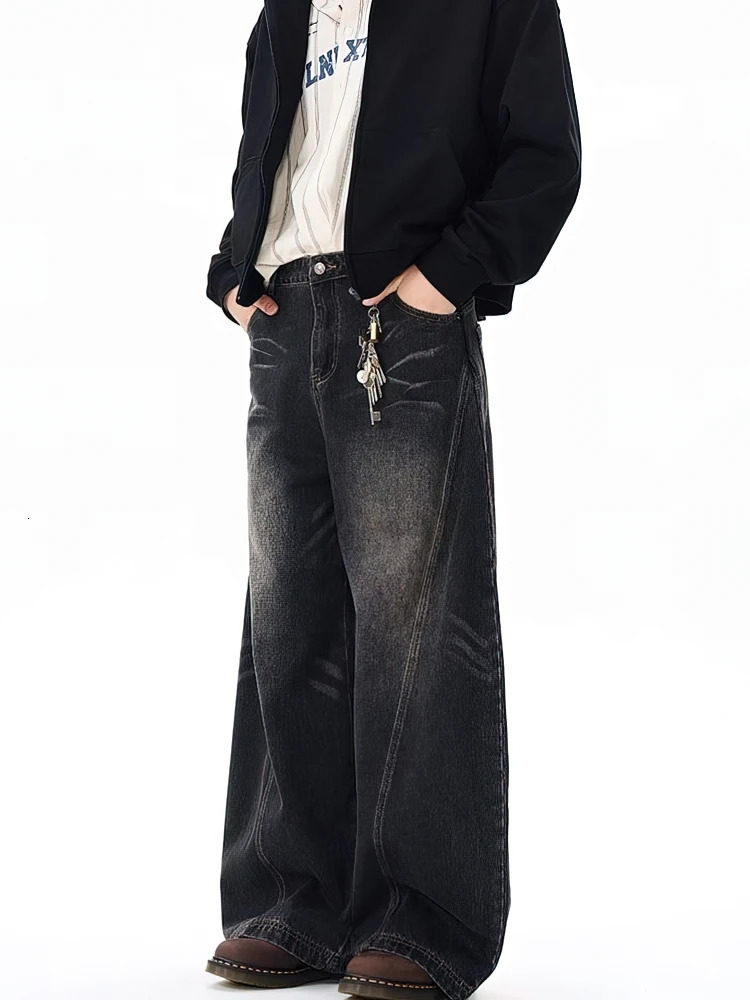 Vintage Black Washed Baggy Jeans Pants Men Wide leg Curved Blade Pants Streetwear Cowboy Casual Denim Straight Trousers 251023