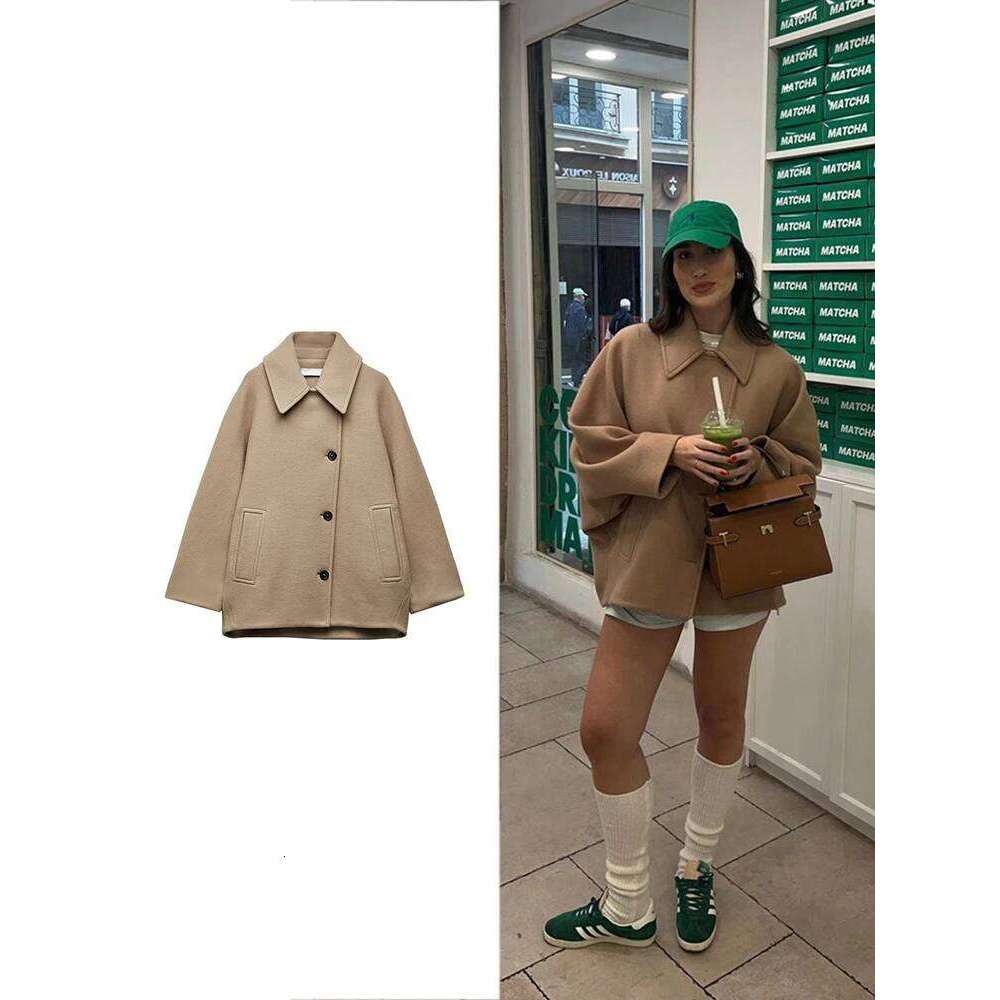Women S Casual Vintage Khaki Bat Sleeve Lapel Warm Tweed Autumn And Winter Fashion Loose Single Breasted Coat