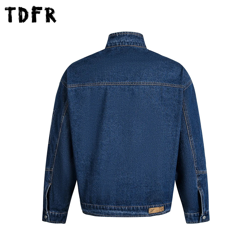 Zipper Decoration Denim Jacket Mens Spliced Retro Washed Distressed Stand Collar Long Sleeve Loose Jeans Man 251017