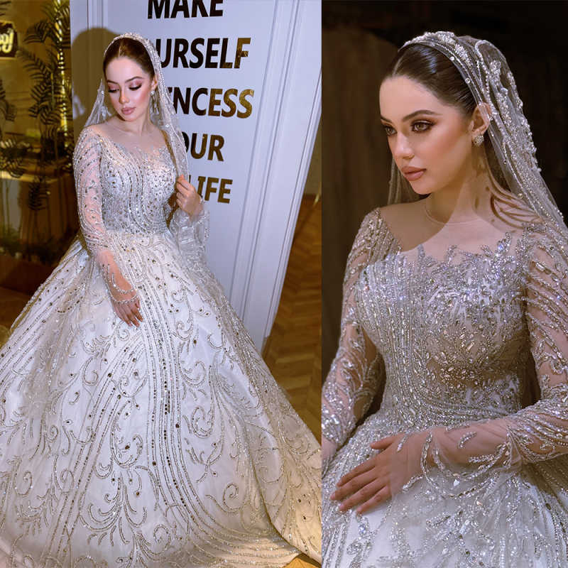 Luxurious Crystals Ball Gown Wedding Dresses Jewel Long Sleeve Bridal Gowns Beadeds Vestido De Novia Customized