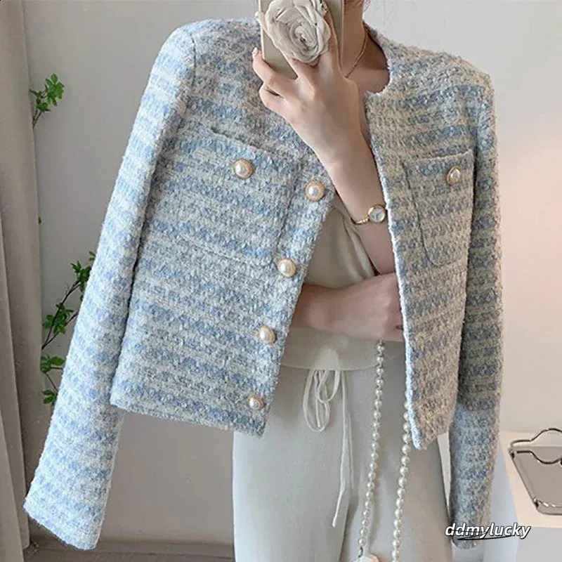 Cropped Cardigan: Elegant Single-Breasted Autumn/Winter Pearl Button Long Sleeve Outwear Top - Perfect For Chic Style, Ladies Blue Tweed Jacket Ddmylu