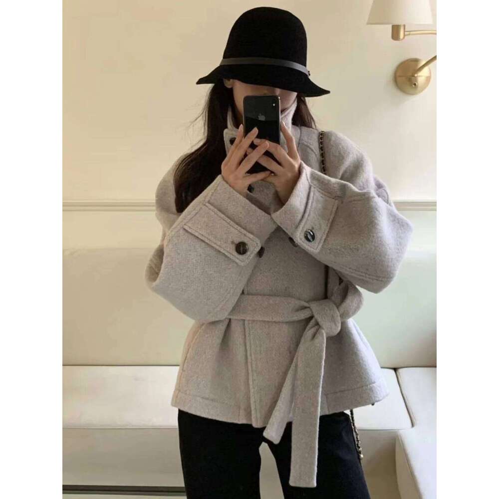 Women S Winter Faionable Korean Sle Retro High Collar Woolen Coat Versatile Ele Ort Length Single Button Closure
