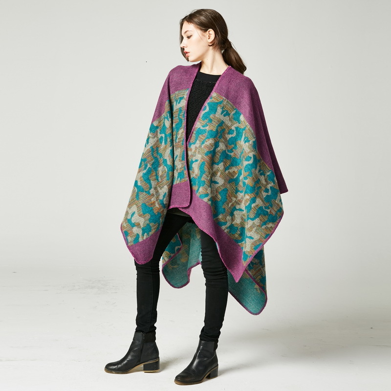 Womens Fashion Camouflage Imitation Cashmere Split Long Thickened Shawl Cape
