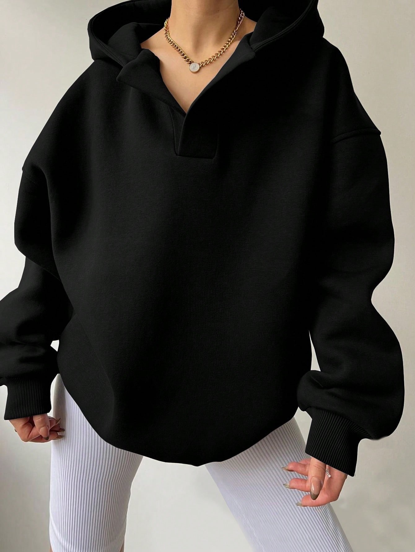 2025 Autumn Winter Women's Solid Color Long Sleeve Hooded Loose Fit Sweatshirt for Women