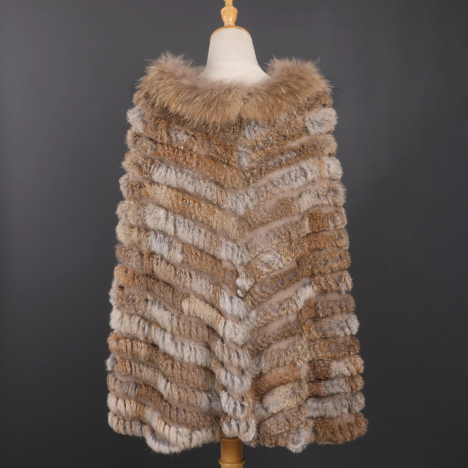 Womens Winter Pullover Poncho Real Rabbit Fur Knitted Cape With Raccoon Fur Trim Collar Lady Shawl Wraps 251024