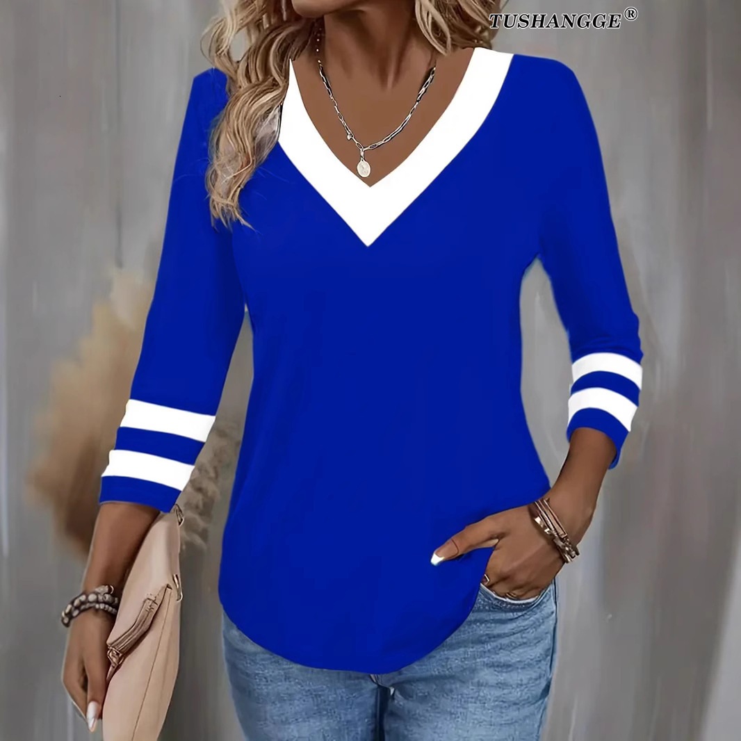 American Style 2025 New Casual Fashion Trend Color Block Long Sleeve V-Neck T-Shirt