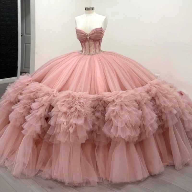 Pink Quinceanera Dresses Ball Gown Off The Shoulder Beading Crystal Corset Tiered Tull Party Birthday Sweet 16 Dress Vestidos 15