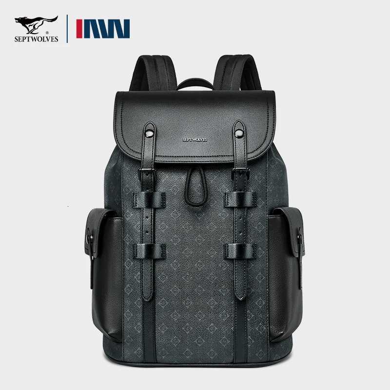 Septwolves High Quality Business Printed Leather Backpack Man Designer Drawstring Flip Monogram Laptop Bags Print Work Rucksack W251025