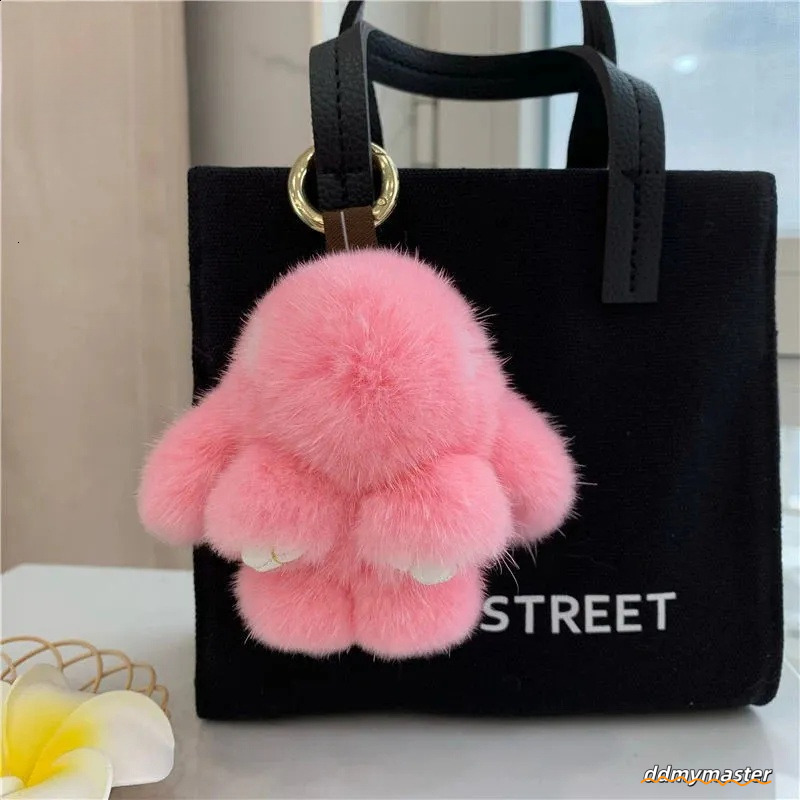 Cute Long Ear Bunny Keychain Real Mink Fur Rabbit Doll Pendant Toys Keyring Handbag Charm Ornament Pompom Plush Jewelry Gifts Y240829 Ddmymaster