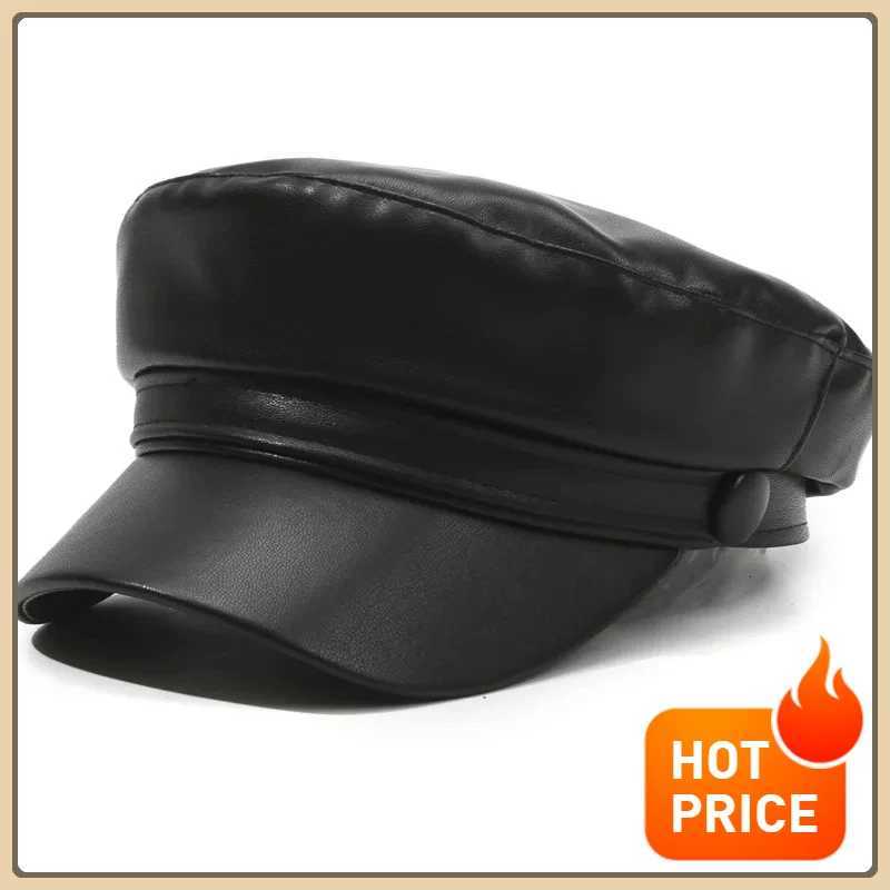 Spring and Autumn Versatile Beret Retro Flat Top Sunshade Hat Fashion Leather Fishermans Hat Solid Color Leather Wens Hat Y251025
