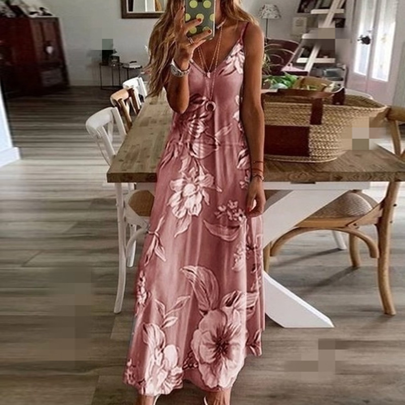 Spring Summer New Women's Slim Fit Long Floral Strap Dress