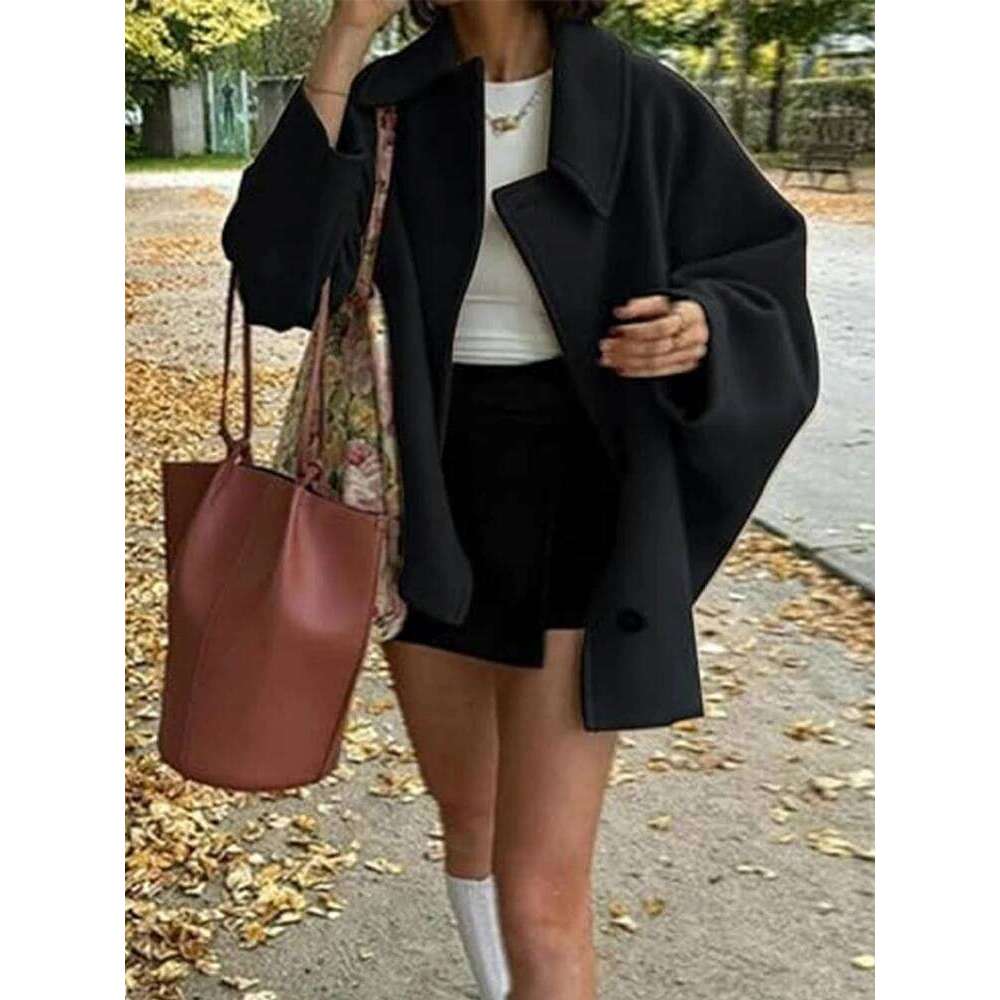 Women S Oblique Button Loose Batwing Sleeve Jacket Lapel Double Pocket Warm Solid Vintage Outerwear Fall Winter Coat