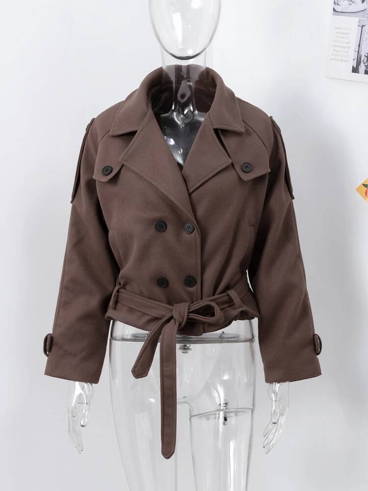 Solid Short Trench Coats For Women Lace Up Double Breasted Full Sleeves Jackets 2025 Autumn Winter Fashion High Streetwears Lady dongdumaoyi