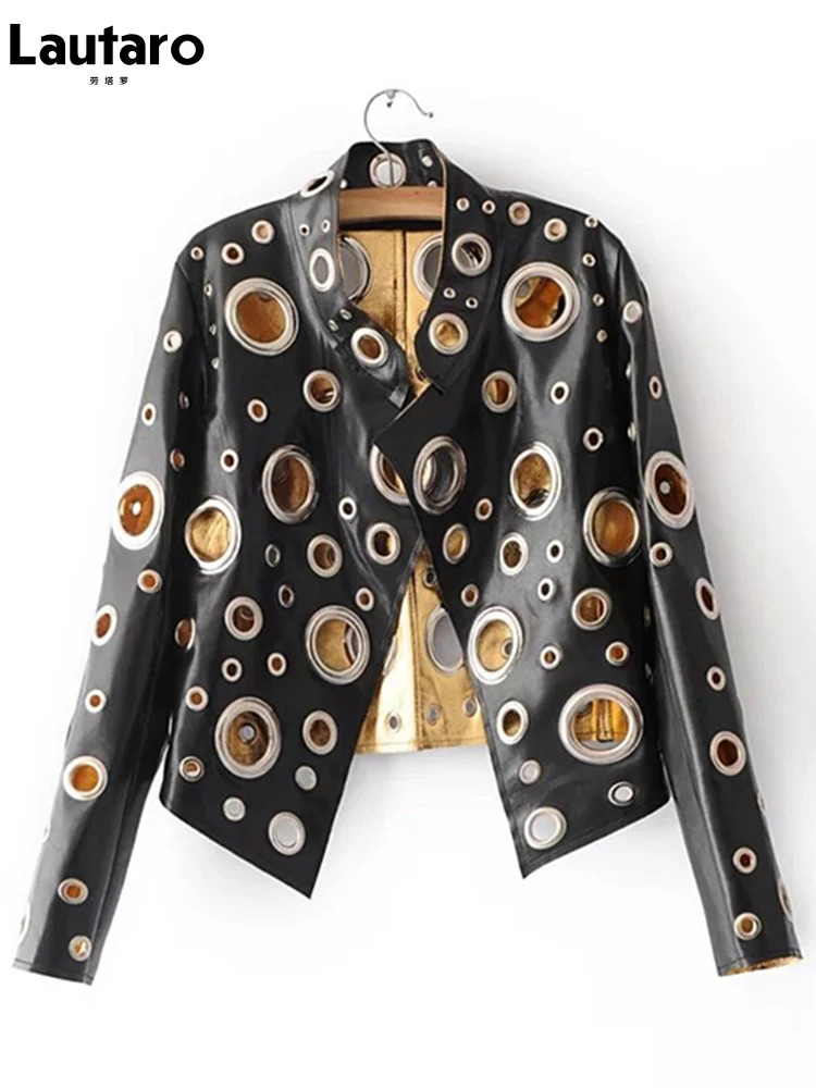 Lautaro Runway Cut Out Short Faux Leather Jacket Golden Rivet Cool Stylish er Clothes Women European American Fashion 251020