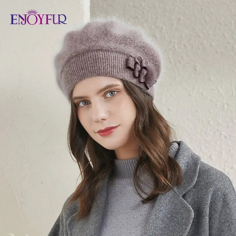 ENJOYFUR Cashmere Beret Hat Female Rabbit Knitted Winter Hats Caps Lady MiddleAged Cap Fashion BowKnot Ball Gorro Warm Hat 251023
