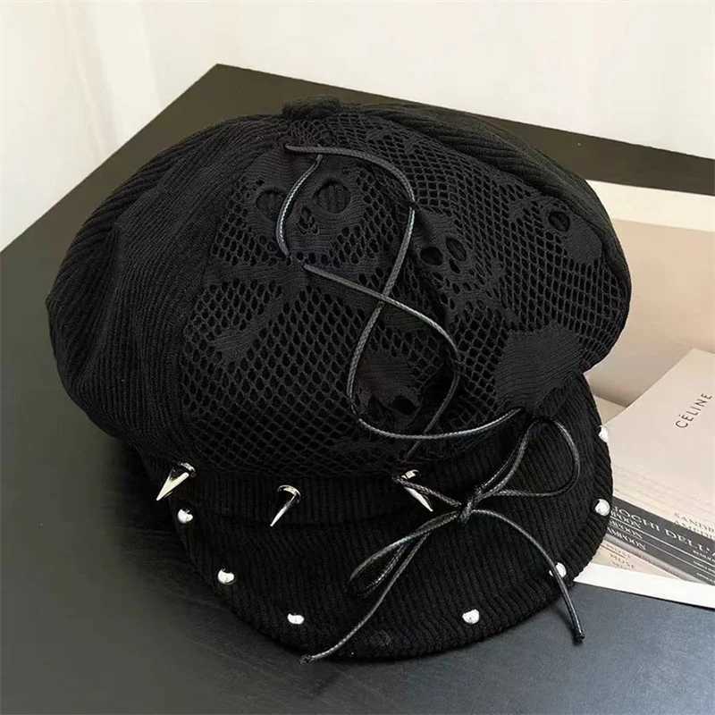 Wens Tren Harajuku Black Gothic Punk Beret Y2K Girl Rivets Bow Skl Lace Soft Flat Top Hat Outdoor Streetwear Sunhats Y251025