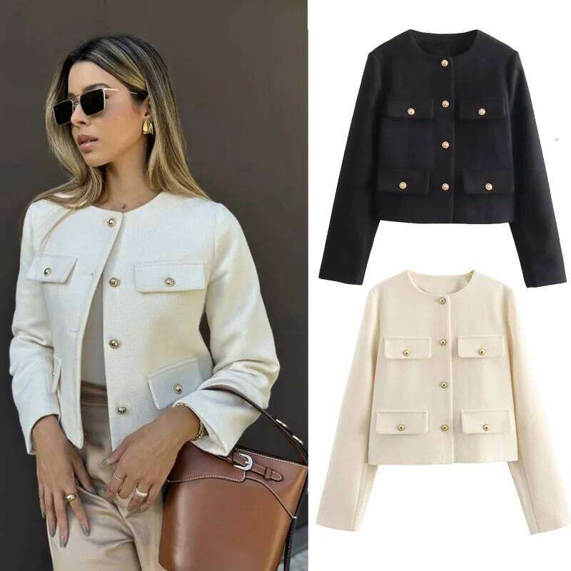 MUJER Cropped Tweed Jacket Woman Coat Button Long Sleeve Elegant Jackets For Women Short Coats Fashion New In Outerwears