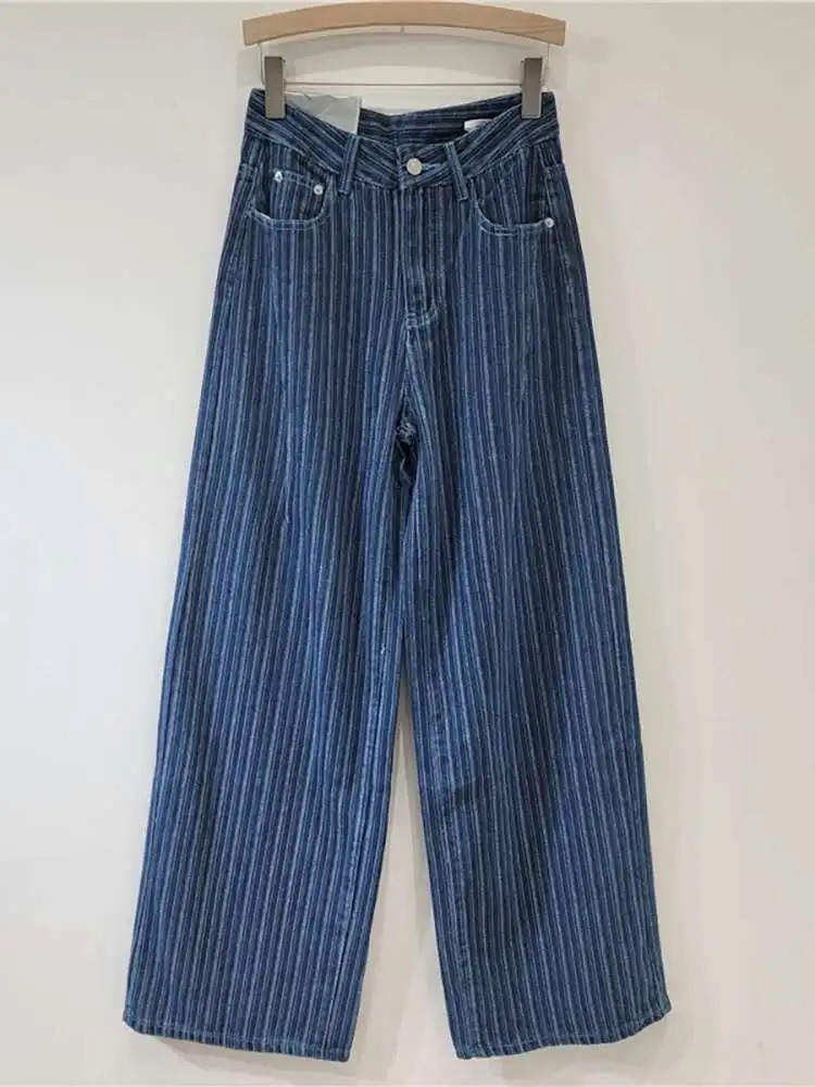 DEAT Womens Jeans High Waist Washed Striped Loose Straight Wide Leg Vintage Casual Denim Pants 2025 Summer Fashion 29L8450 251023