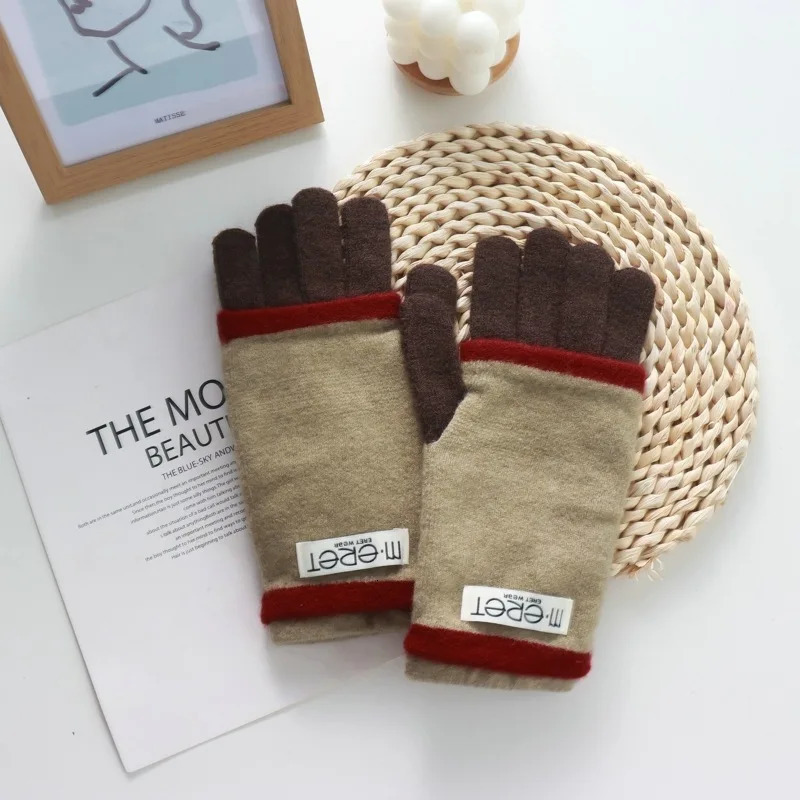 Thickened Leaky Finger Korean Style Ladies DualUse Color Matching Knitted Fashion Touch Screen Finger Knitting Wool Gloves 251023