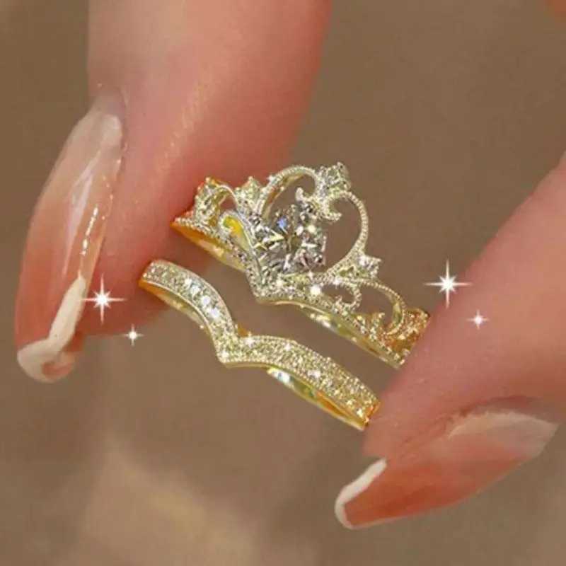 2PCS Fairy Sparkling Crown Rings for Women Teen Crystal Korean Adjustable Silvery Anniversary Gift Party Queen Ring Set JewelryXJ251025