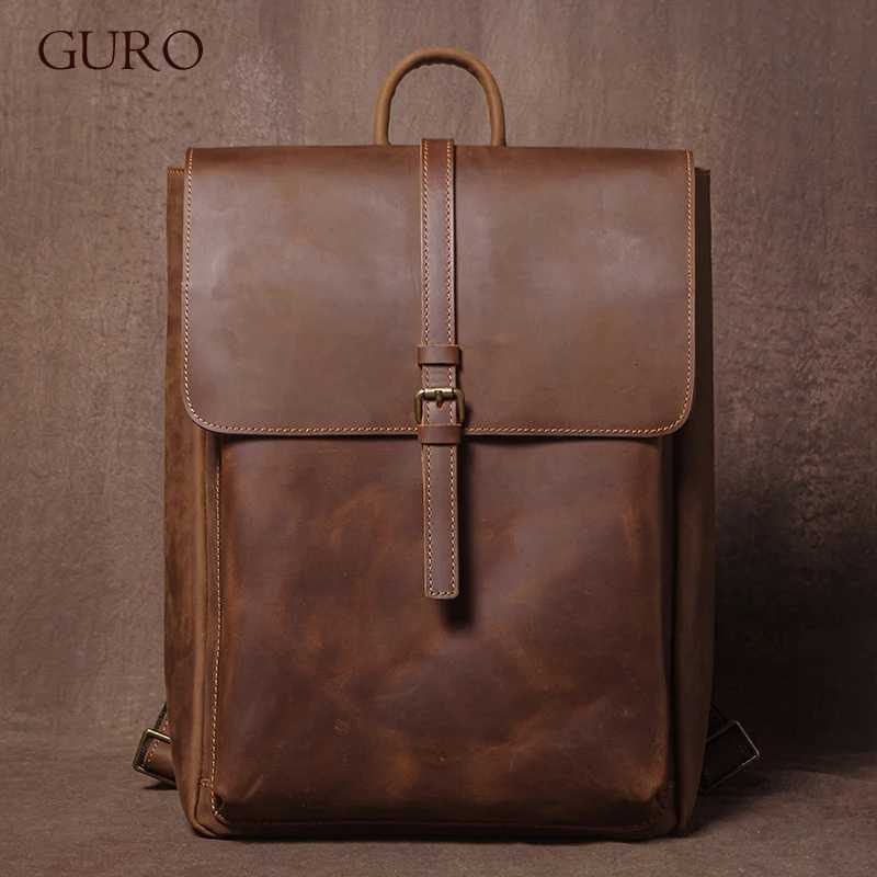 GURO Mens Retro Genuine Leather Backpack Simple Flap Travel Bag Women Natural Cowhide Deluxe Schoolbag Daily Commuter Backpacks W251025