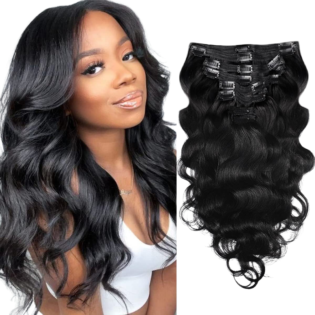 Body Wave Clip Ins 8Pcs Remy Human Hair 8-30 Inch #1B Natural Black Real Human Hair Clip in Wefted Pieces for Women Soft Silky Texture