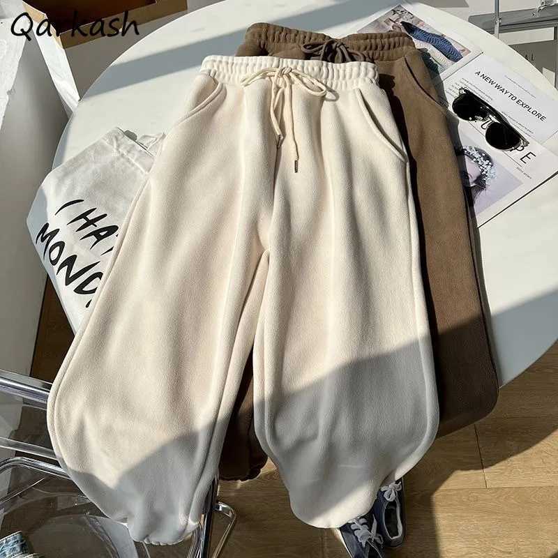 Fleece Pants Women Solid Thick Warm Loose Autumn Winter Leisure Sports Ankle Length Pockets Drawstring Students Preppy Chic LadyT251025