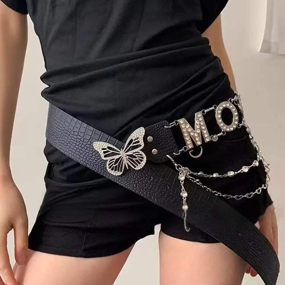 Y2k PU Waist Chain tie Letter Rhinestone Butterfly Belt Clothing Accessories Fashion Sexy Belts Trendy Waist Strap 251024