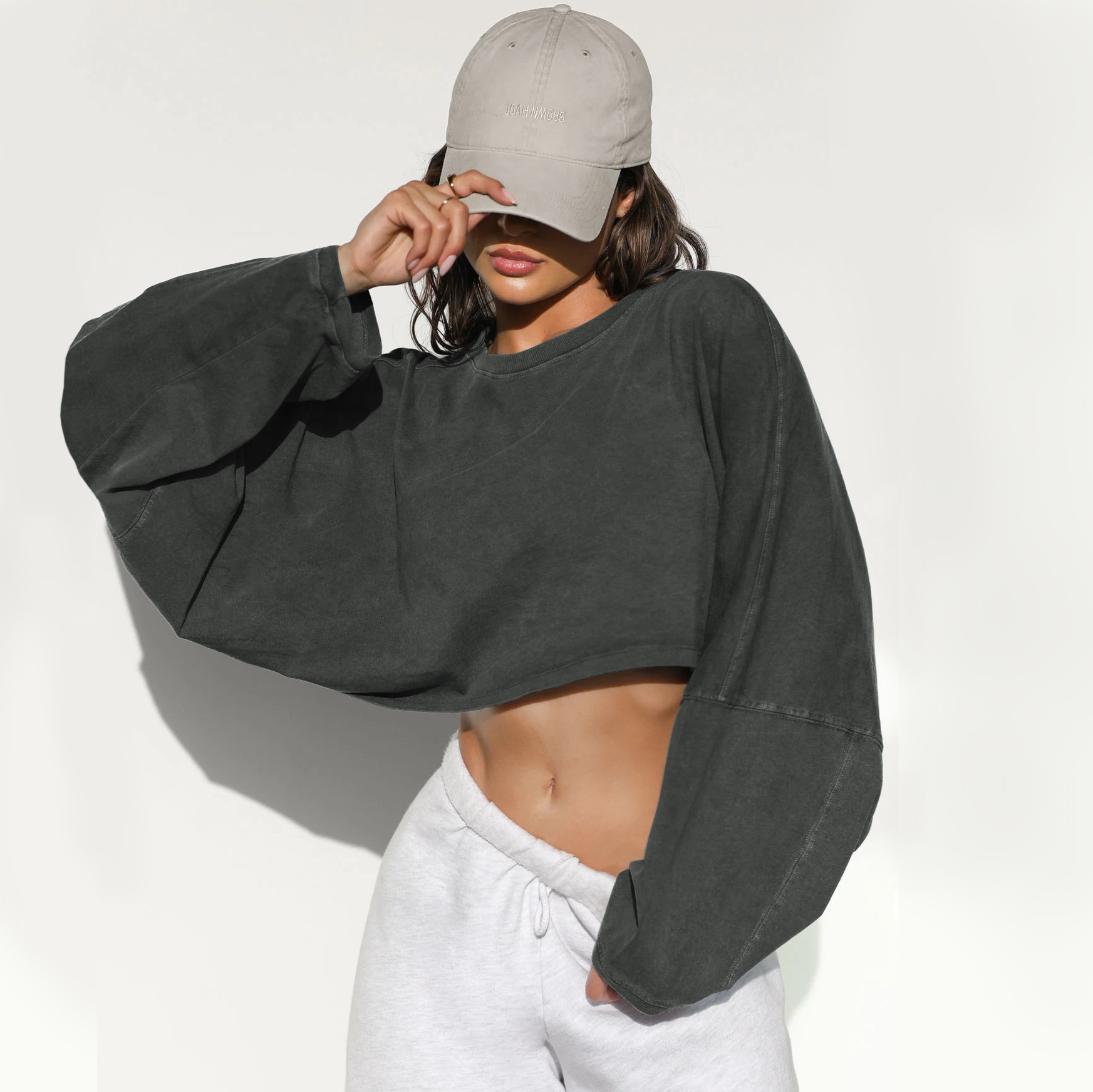 2025 Vintage Sweatshirt Autumn Winter Trendy Women's Long Sleeve Short Knit Top Sports Yoga Shirt