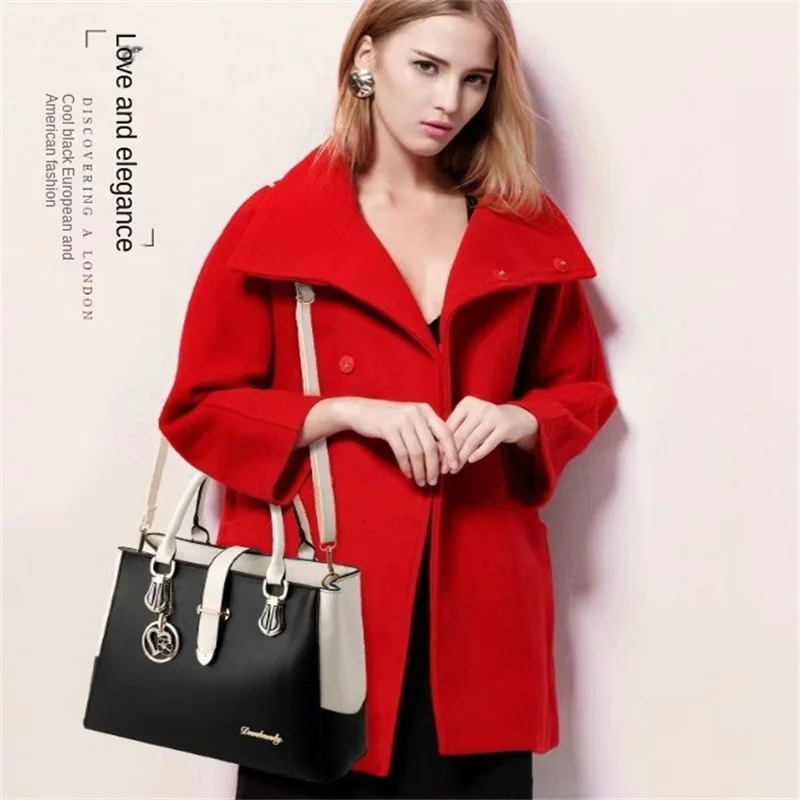 Faux Leather Shoulder Bag Womens Fashion Letter Detail Handbag Double Handle Purse 251018