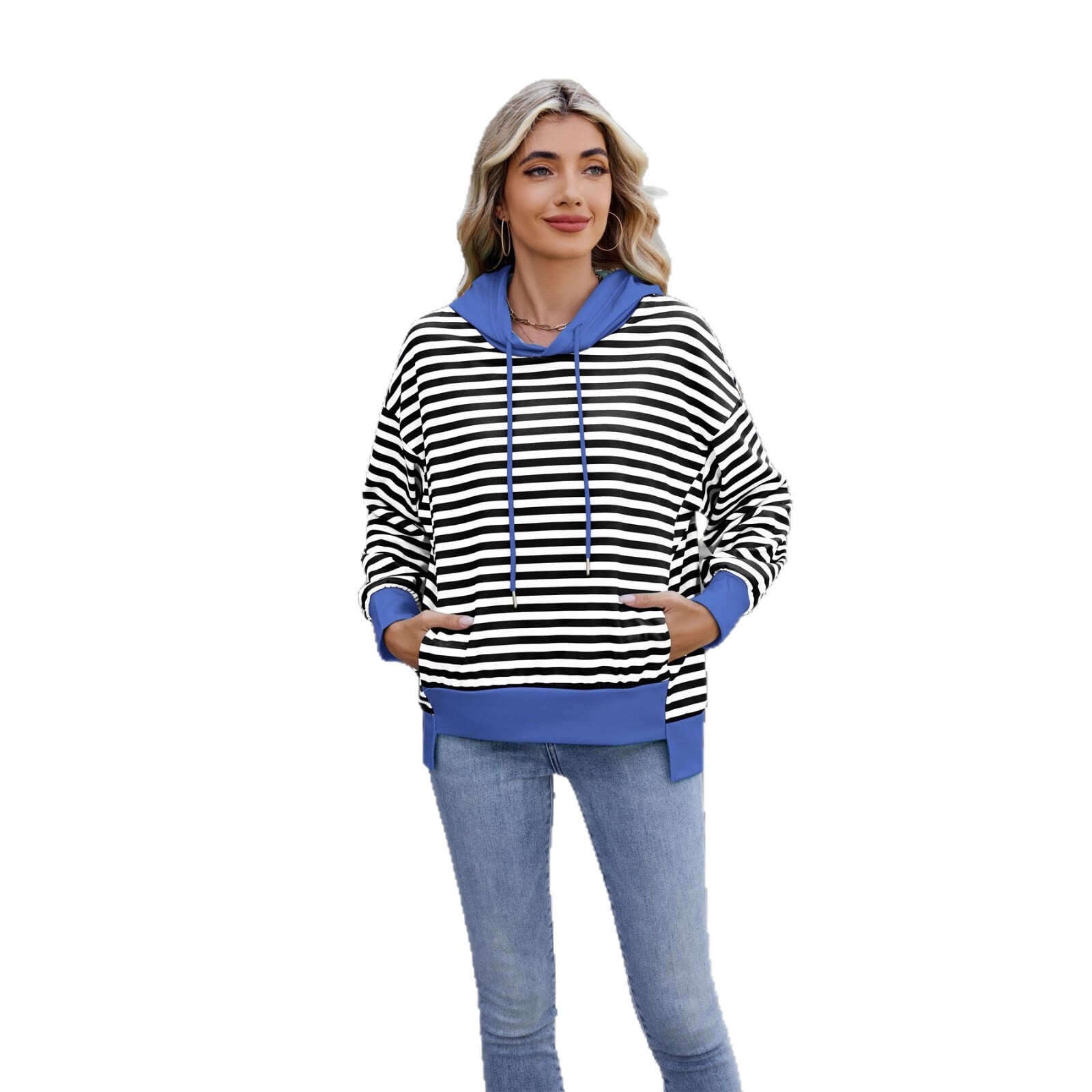 2025 Autumn and Winter New Loose Casual ColorBlock Striped Hoodie Sweatshirt for Women