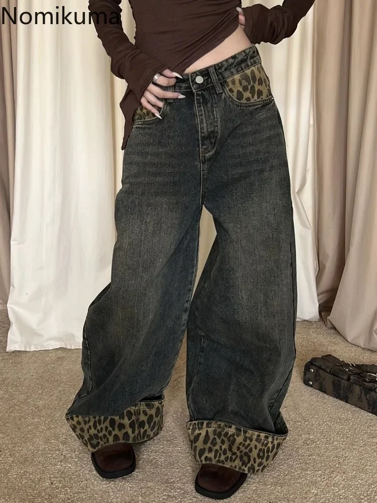 Retro Leopard Print Y2k Jeans for Women Harajuku Wide Leg Pants 2025 Bottoms Denim Trousers Casual Straight Fashion Trousers 251023