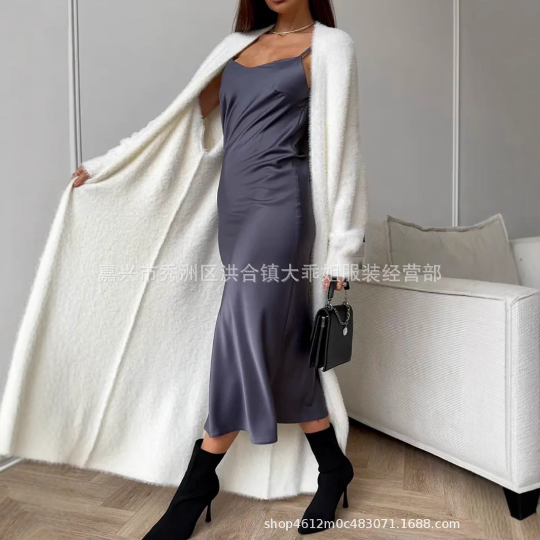 Hl235 White knitted cardigan autumn and winter loose plush fluffy long cardigan
