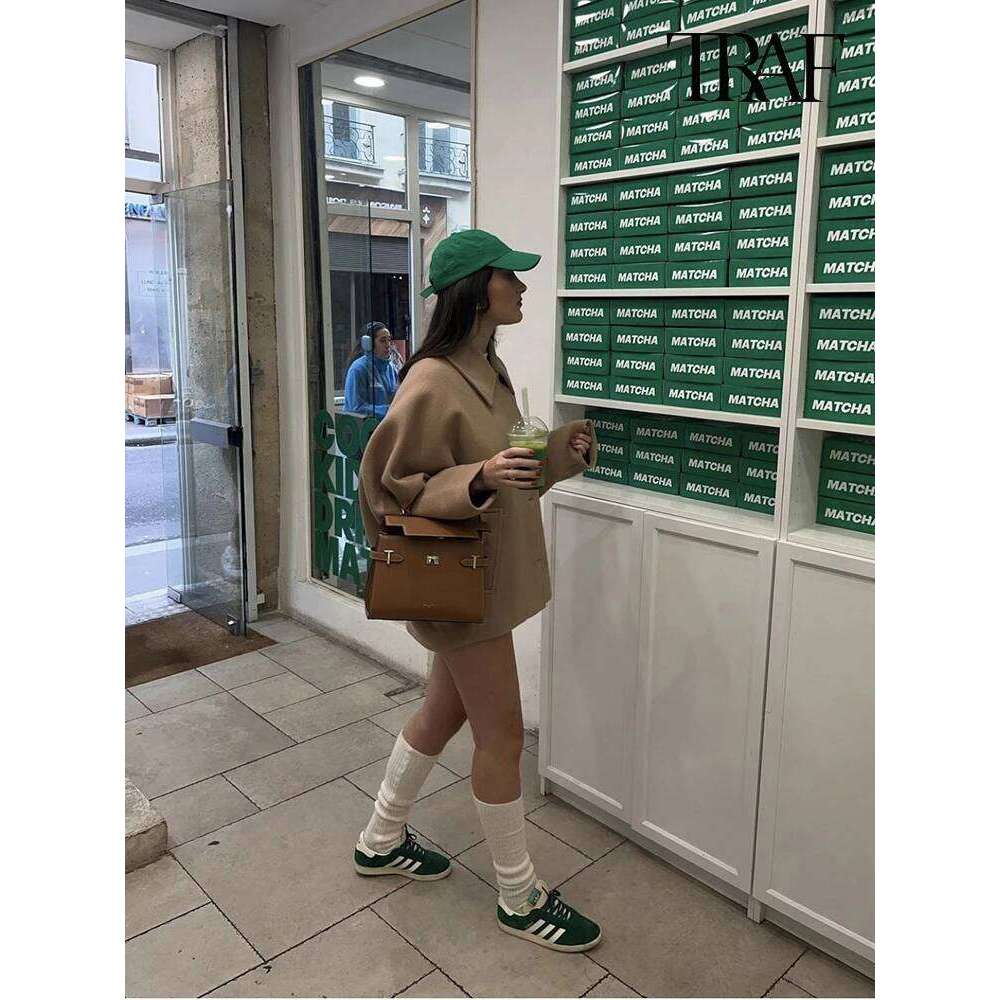 Women S Casual Vintage Khaki Bat Sleeve Lapel Warm Tweed Autumn And Winter Fashion Loose Single Breasted Coat