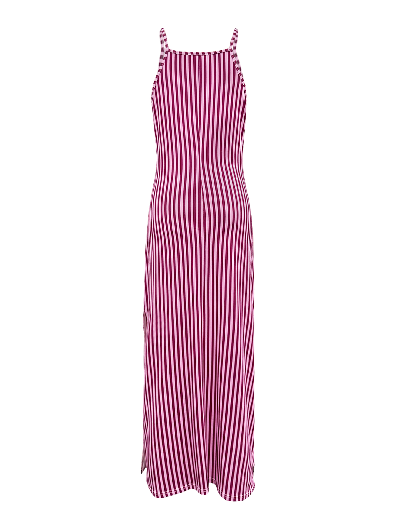 Spring Summer Autumn New Women's Outing Streetwear Casual Elegant Striped Printed Spaghetti Strap Dress with Side Slit, Milk Silk Deep Pink Dress
