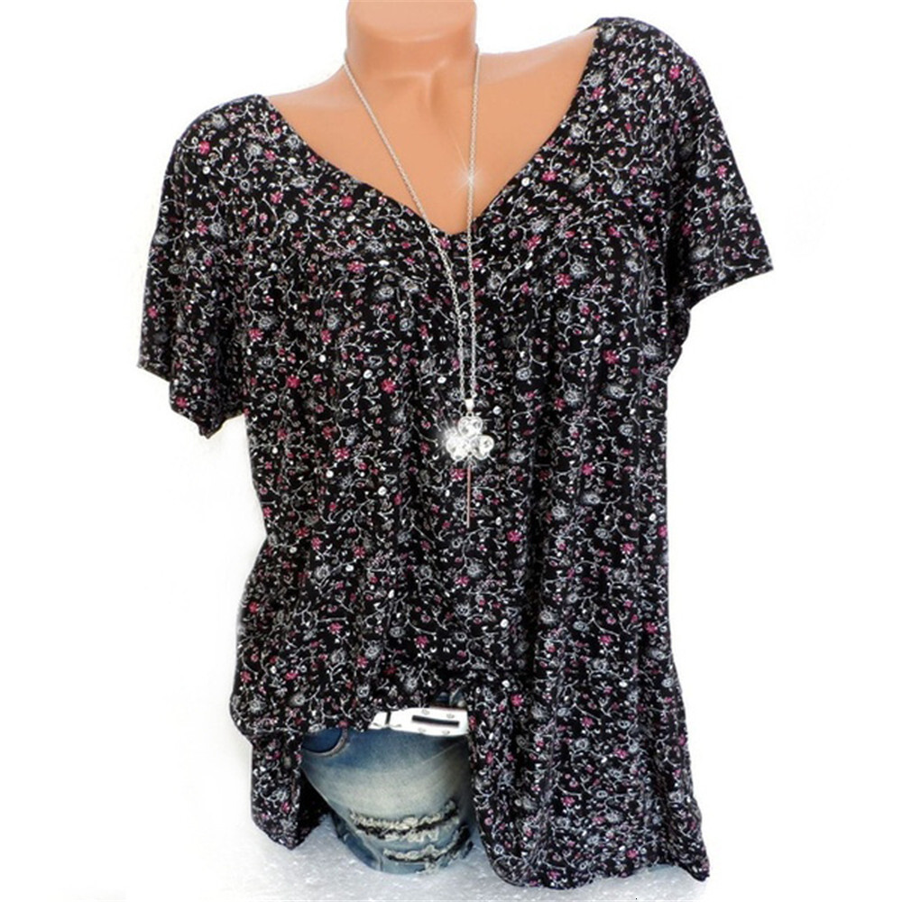 New Women's Fashion 2025 Summer V-neck Loose Short Sleeve Printed T-shirt