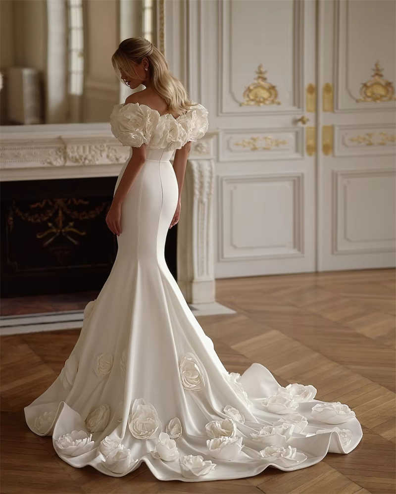 White Off Shoulder 3D Flowers Wedding Dress Customized Mermaid Chapel Train vestidos de novia Elegant Button Back Formal Occasion