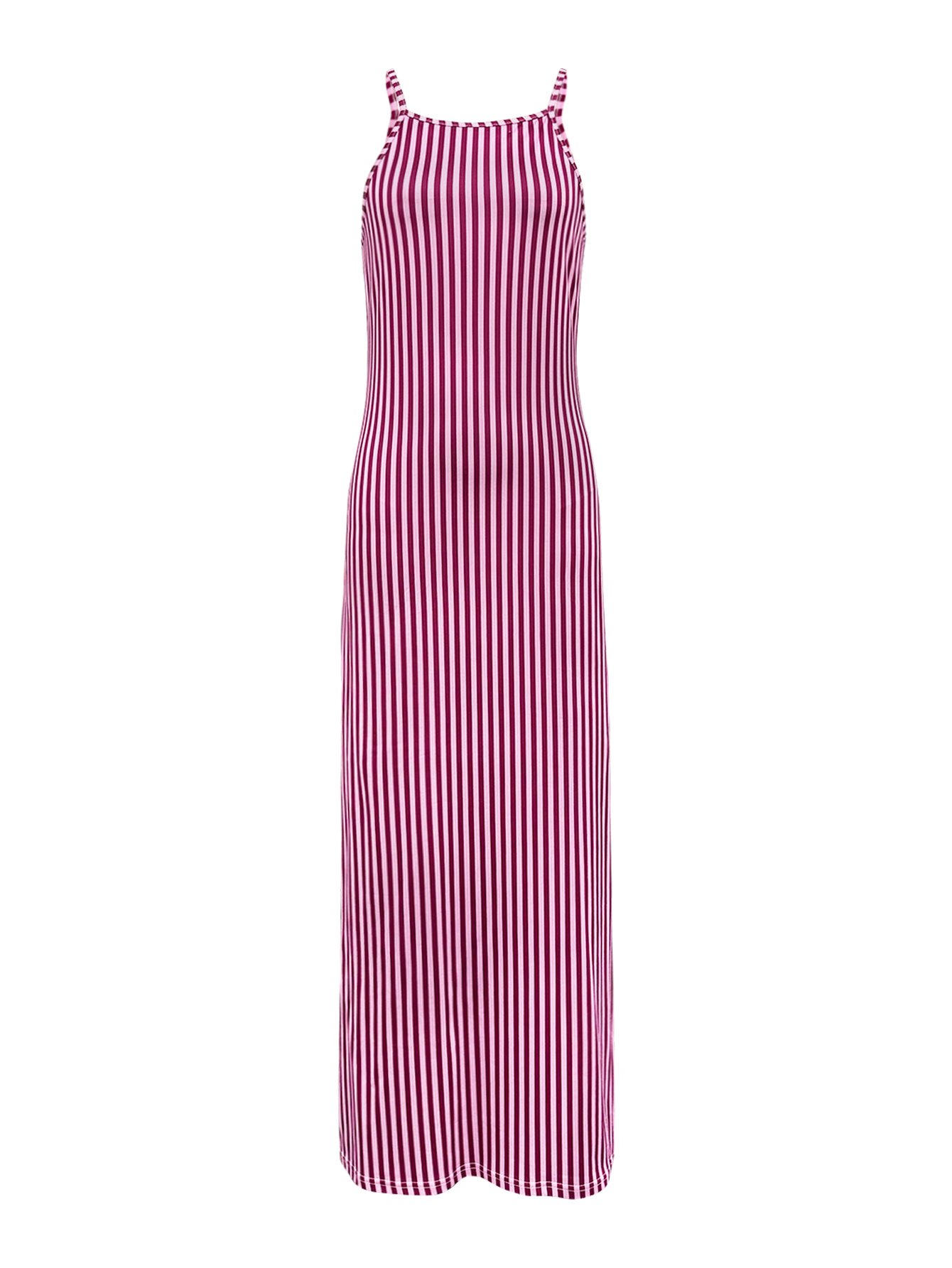 Spring Summer Autumn New Women's Outing Streetwear Casual Elegant Striped Printed Spaghetti Strap Dress with Side Slit, Milk Silk Deep Pink Dress