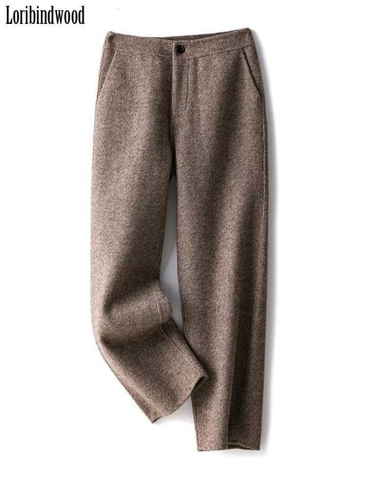 Loribindwood Woolen Pipe Pants Women 2023 Autumn and Winter Loose Straight High Waist Tweed Casual Nine Points Radish TrousersT251025