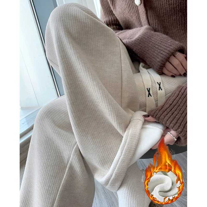 Winter Girls High Waisted Baggy Plush Pants Female Straight Leg Warm Thermal Trousers Lady Korean Drawstring Casual PantsT251025