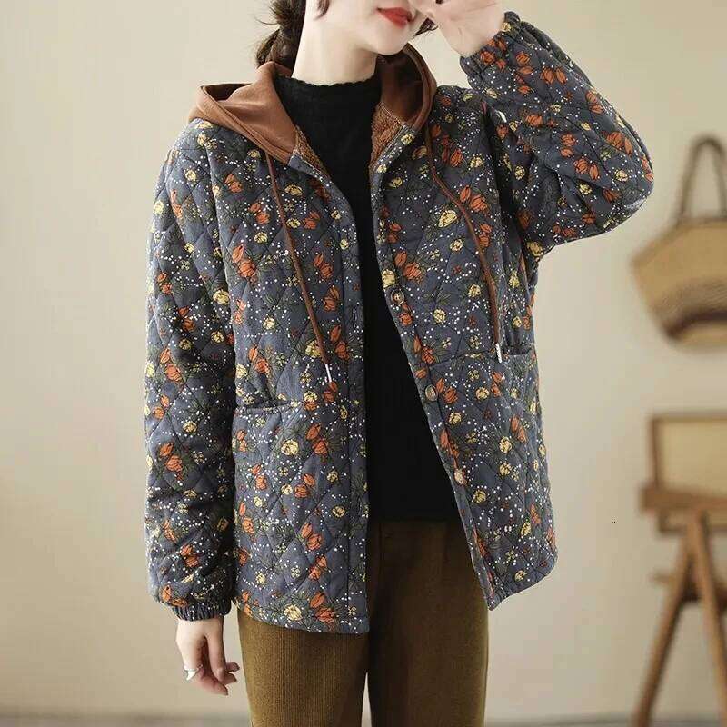 2025New Autumn Winter With Cotton-Padded Jacket Women Mid-Aged Mother Hooded Floral Plus Veet Warm Parkas Coat Female Coats Designer Women