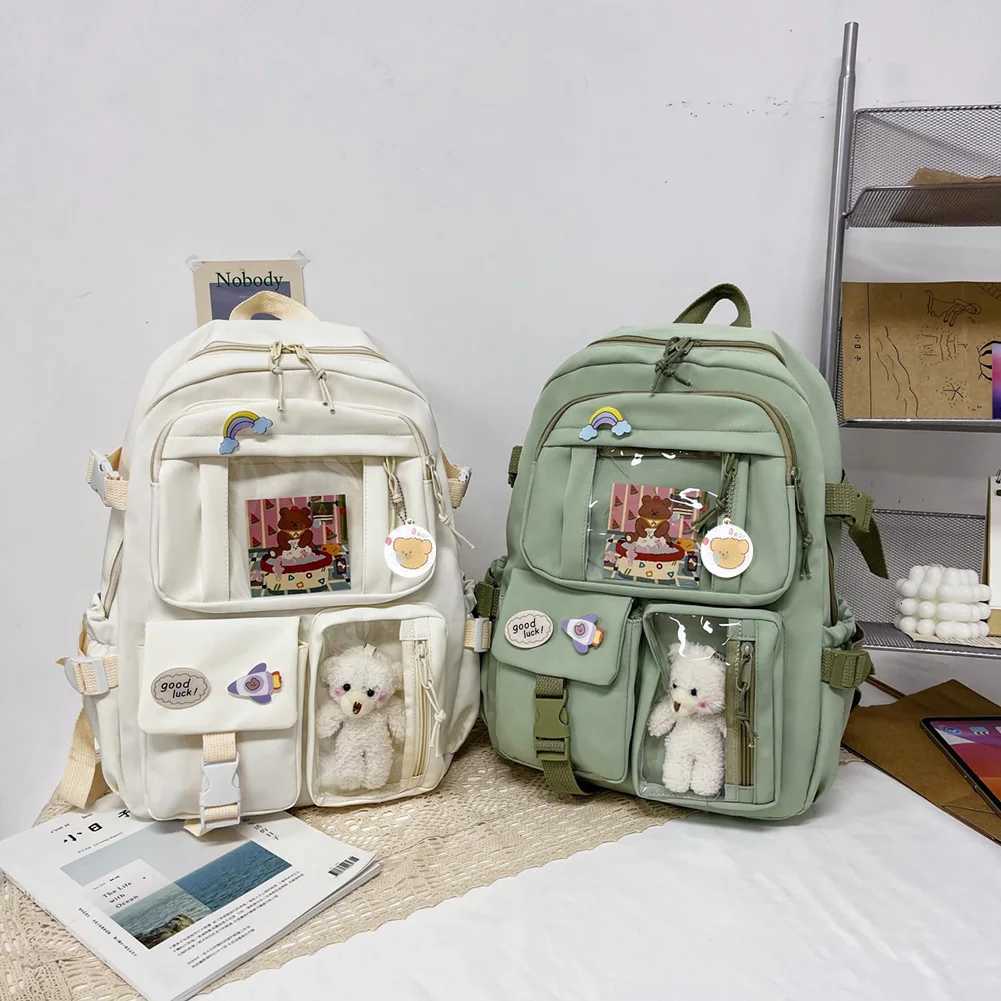 College Student Rucksack Fashion School Backpack with Plush Pendant Pin Cute Kawaii Large Capacity Japanese Style for Vacations W251025