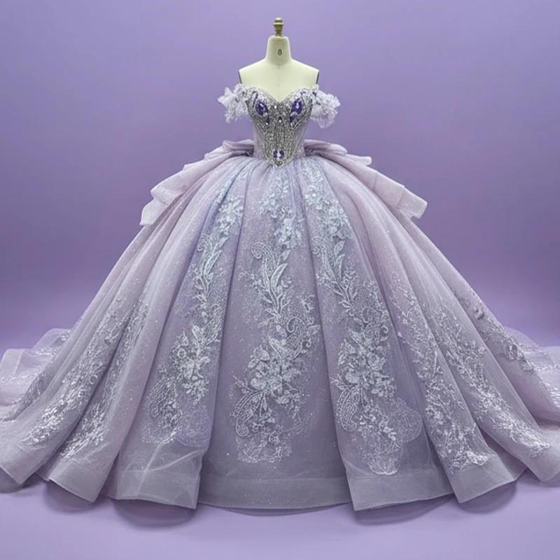 Light Lilac Quinceanera Dresses Ball Gown Off The Shoulder Applique Lace Beading Crystal Tull Party Birthday Sweet 16 Dress Vestidos 15 de anos